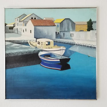 60's Modernist &amp;quot; the Old Fishing Village &amp;quot; Oil Painting by Kretschmann. 