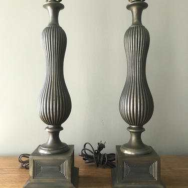 Pair Brass Tone Lamps Mid Century Design 