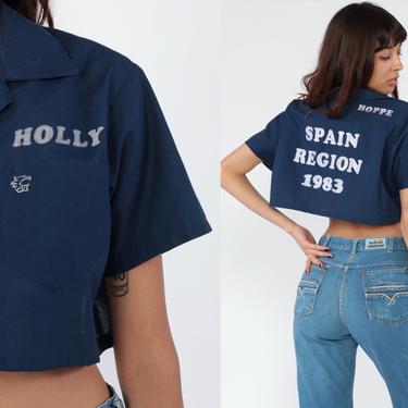 Cropped Uniform Shirt 80s SPAIN REGION 1983 Crop Top Bowling Shirt Button Up Top Rockabilly Blouse Short Sleeve Holly Navy Blue Medium 
