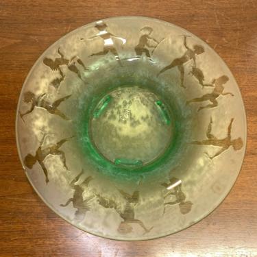 Vintage Fostoria Cupid Brocade Green Uranium Glass Console Bowl #288 