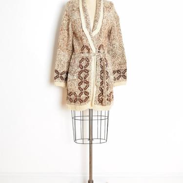 vintage 70s cardigan wrap sweater alpaca wool belted wrap cream brown hippie boho S M clothing 