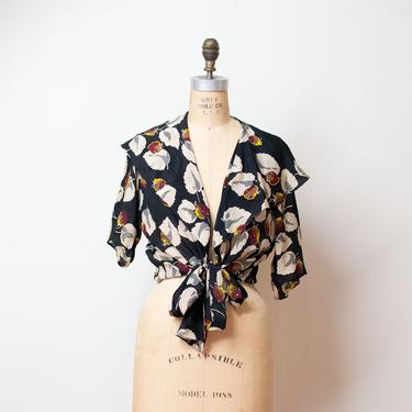 1930s Silk Blouse / 30s Dark Floral Raspberry Leaf Print Tie Front  Bolero 