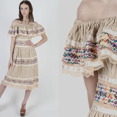 Rainbow Embroidered Mexican Dress / Panel Lace Off The Shoulder / Beige Pintuck Cotton Material / Quinceañera Party Outfit Mini Dress 