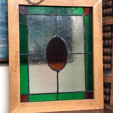 Vintage Emerald Green and Amber Oval Square Framed Stained Glass Suncatcher Window Hanging Wall Art Porch Patio Kitchen Sunroom Decor 
