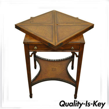 Early 20th C English Tooled Leather Mahogany Napkin Folding Card Game Side Table