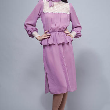 purple dress, peplum dress, secretary dress, long sleeve dress / vintage 70s peplum sheer purple see through lace bust MEDIUM M 