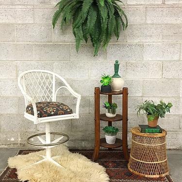 Vintage Straw Basket Retro 1970s Large Tan Woven Straw Bohemian Plant Stand or End Table for Storage 