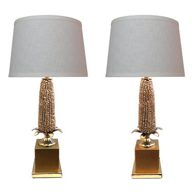 Whimsical Pair of French 1970's Maison Charles Style Gilded Corn Cob Lamps