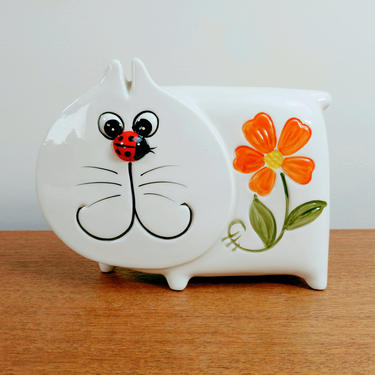 Vintage Toscany Cat Kitty Ceramic Coin Bank | Labybug Flower | Flat Cat | Japan | 1980s 