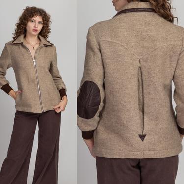 70s The Limited Tweed Zip Up Jacket - As Is - Medium | Vintage Taupe Wool Brown Leather Elbow Patch Coat 