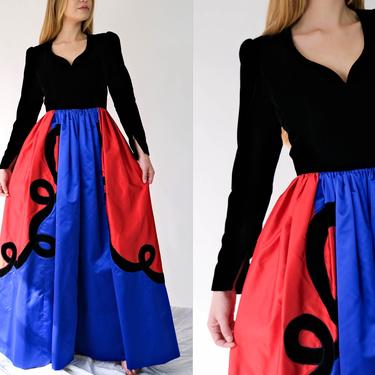 Vintage 80s Givenchy Nouvelle Boutique Broad Shoulder Black Velvet Gown w/ Poof Colorblock Skirt | Made in France | 1980s Designer Dress 