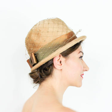 1960s Brown Mohair Wool Hat | 60s Tan Wool High Crown Hat | Ann Marie 