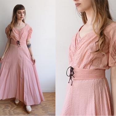 Vintage 30s Pink Seersucker Gown with Corset Belt/ 1930s Puff Sleeve Maxi Dress/ Size Small Medium 