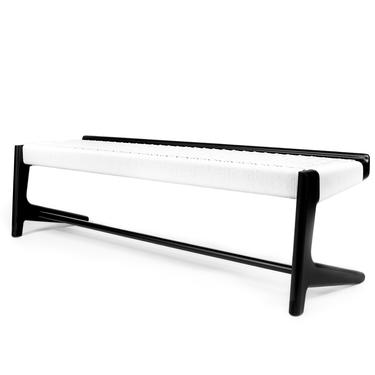 Long Bench, Black Ebonized Maple, White Woven Danish Cord, Cantilever, Mid-Century Modern, Hardwood, Entry, Bedroom 