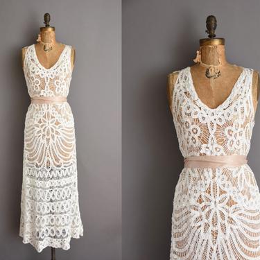 vintage 1930s inspired white Battenberg lace wedding dress  - Art Deco full length 30s Size Medium Large vintage dress - wedding dress 