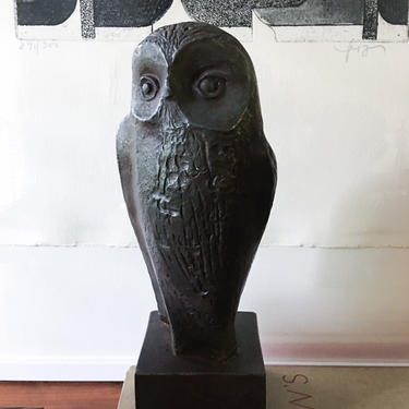 Rare 1965 Sculpture Owl monumental vintage mid century verdigris bronze styling Rodin Balzac 