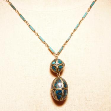 Vintage Indian Mosaic Turquoise Brass Inlay Bauble Pendant Necklace, 2-Bead Drop Pendant, Blue Enamel Silver Link Chain, 18&quot; L 
