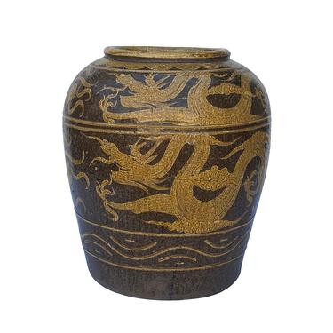 Vintage Finish Chinese Brown Dragon Motif Ceramic Planter Pot cs6086E 