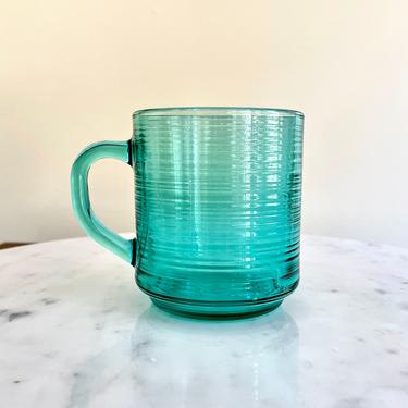 Vintage Glass Mug, Arcoroc France, Jardiniere pattern, Aqua Turquoise or Seafoam Blue - Ribbed Ringed Ridged, Beach Glass Decor, 1980's Cup 
