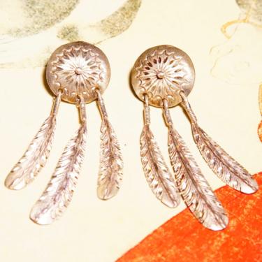 Vintage Native American Sterling Silver Feather Concho Dangle Stud Earrings, Intricate Hammered Designs, 3 Silver Feather Tassels, 2 3/8&amp;quot; L 