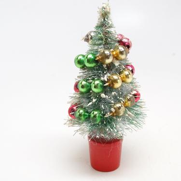 Vintage 1950's Sisal Bottle Brush Christmas Tree, Mercury Glass Beads Ornaments Garland, Antique Decor 