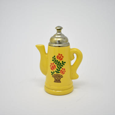 Vintage Avon Fragrance Bottle Yellow Coffee Pot | 5.25&amp;quot; in Height Flowers | Colorful Basket Motif | Silver Tone Plastic Lid | Mid-Century 