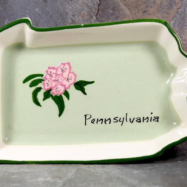 Vintage Annie Laura Souvenir Trinket Dish - In the Shape of Pennsylvania with State Flower - Hand Painted - Signed | FREE SHIPPING 