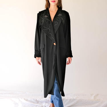 Vintage 80s HOBBY Black Rayon Blend Crepe Duster w/ Large Braided Satin Floral Trim Lapels | Made in Italy | 1980s Designer Boho Swing Coat 