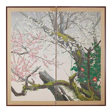 Japanese Two-Panel Screen of Spring Flora Prunus Blossoms by ErinLaneEstate