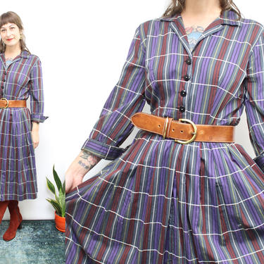 Vintage 50's 60's Jeri-Lynn Dress / 1950's Cotton Shirtwaist Dress / Holiday / Striped / Long Sleeve / Women's Size Medium - Large by Ru