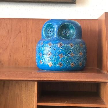Blue Bitossi Aldo Londi Italy Ceramic Owl Sculpture Mid Century Modern Pottery 