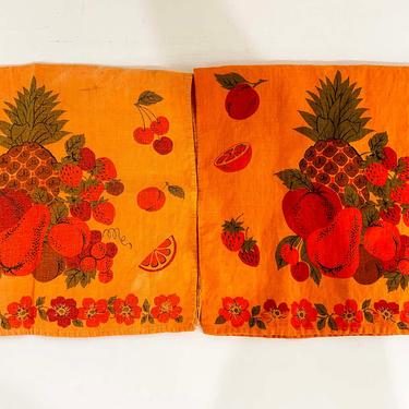 Vintage Fruit Tea Towel Set of 2 Pair Orange Matching Cotton Linen Kitchen Mid-Century Retro 70s 1970s MCM Fruit Pears Plums Pineapple 