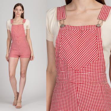 60s Red Gingham Overall Shorts - Extra Small | Vintage Low Back Retro Romper Shortalls 