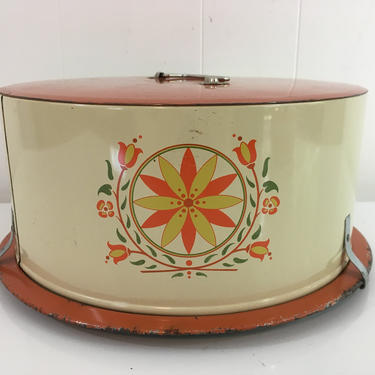 Vintage Decoware Cake Carrier Hex Sign Enamel Orange White Yellow Green Farmhouse Cottage Mid-Century Picnic Kitchen Metal Holder Container 