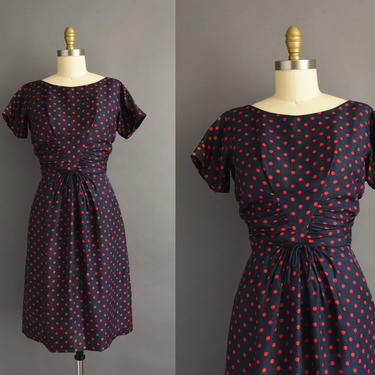 1950s vintage dress | Gorgeous Navy Blue Red Polka Dot Silk Cocktail Party Wiggle Dress | Medium | 50s dress 