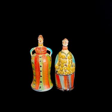 Pair of Vintage Whimsical Hand Painted Italian Ceramic Pottery Figural Male & Female Decanters Barware Bottles Italy 