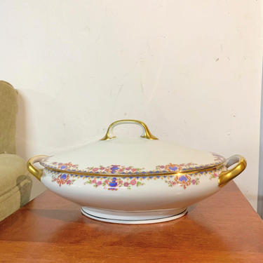 Antique Mavaleix and Granger Limoges Blue Triangles, Urns and Fans, Floral Oval Covered Dish 
