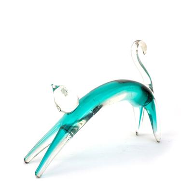 9&amp;quot; Miloslav Janku Modernist Mid-Century Art Glass Cat Figurine || Bicolor Teal &amp; Clear Large Stylized Feline Art Object 