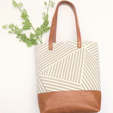 Gray and White Asymmetrical Stripe Tote - Large Tote Bag, Vegan Bag, Teacher Bag, Work Bag, Gray and White Tote Bag 