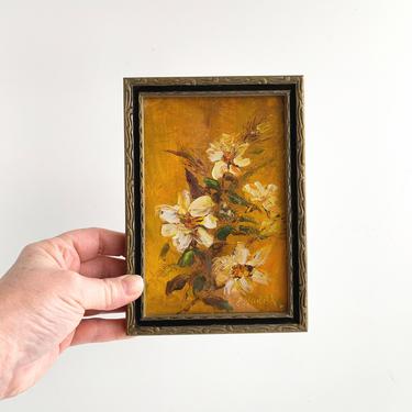 Small Vintage Floral Oil Painting, 5 x 7 Framed Original Oil Painting of Flowers on Canvas Board, Signed 