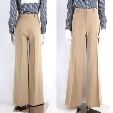 70s French high waist khaki wide leg bell bottoms 8 / vintage 1970s wool fitted trousers pants 42 8 