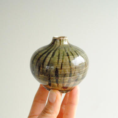 Vintage Tiny Pottery Vase in Green and Black, Bud Vase, Studio Pottery Vase 
