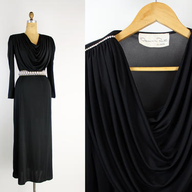 80s Oscar de la Renta Black Maxi Dress / Rhinestone Details / Draped Dress / Evening Gown / LBD/ Glamour / VLV Bombshell / S/M 