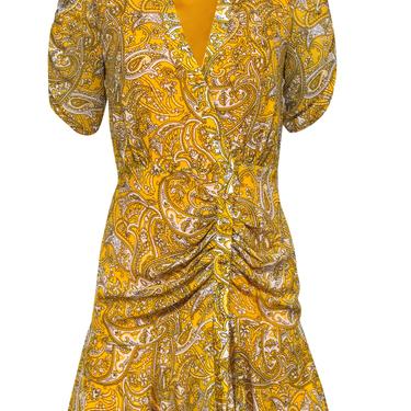 Jay Godfrey - Yellow & White Paisley Print Button-Up Puff Sleeve Ruched Dress Sz 2
