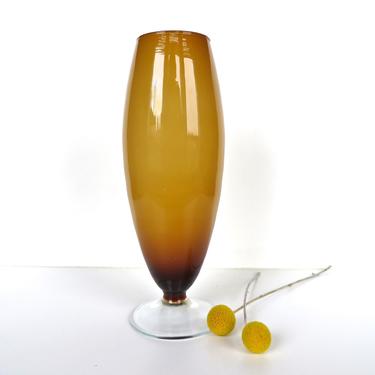 Vintage Modern Empoli Butterscotch Cased Glass Vase, Large Amber Glass Pedestal Vase 