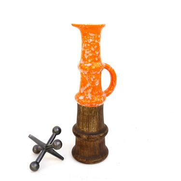 Awesome Mid Century Modern Orange Splatter &amp; Faux Bois Pottery Art Display Vase | Single Handle Ewer | Large Statement Size Pitcher 