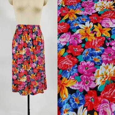 1980s Rayon Floral Skirt by LeDamore 80's Skirt 80s Hippie Skirt Women's Vintage Size Large 