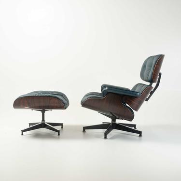 Restored 3rd Gen Eames Lounge Chair and Ottoman in Dark Pine Aniline Leather 