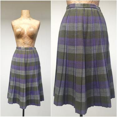 Vintage 1960s Pleated Plaid Skirt, Preppy Style Olive, Gray and Purple Plaid Acrylic Traditional Schoolgirl, X-Small 25&amp;quot; Waist 