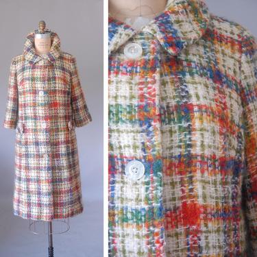 Prism 1960s rainbow sweater coat, plaid coat, mohair wool coats, multicolor stripes 